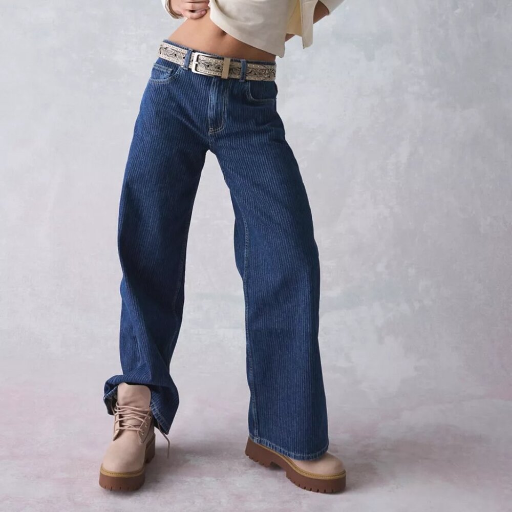 Women's Blue Izzy Pinstripe Mid-Rise Baggy Jean